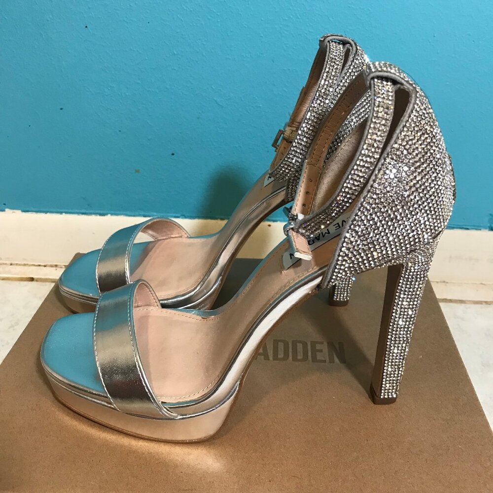 NEW Steve Madden Kisha Platform Sandal Silver Rhinestone Sparkly Bling * Size 9 - Picture 4 of 10